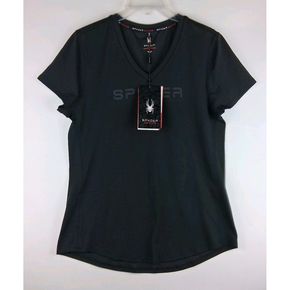 NWT SPYDER Active Women's Large Short Sleeve Shirt Sz L Black SP242R3 MSRP $38